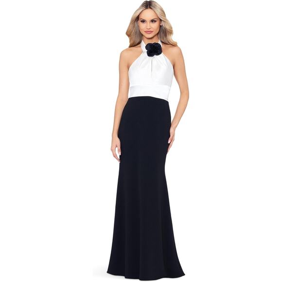 Betsy & Adam Women's 14 White Black Scuba Crepe Gown Halterneck Flower M22-15 - Picture 1 of 9